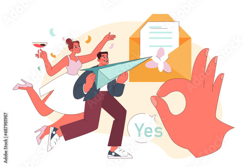 RSVP concept. An enthusiastic couple rides a paper plane towards a giant Yes RSVP envelope. Accepting the invite with zest. Adventure awaits. Flat vector illustration.