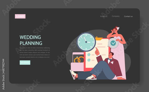 Wedding Planning concept. A joyous bride and groom collaborate on wedding arrangements, highlighting the essence of time and choices. From rings to checklists. Flat vector illustration.