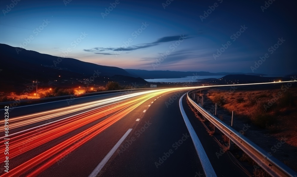 Long Exposure Shot of a Nighttime Highway with Car Lights Streaking Through the Darkness