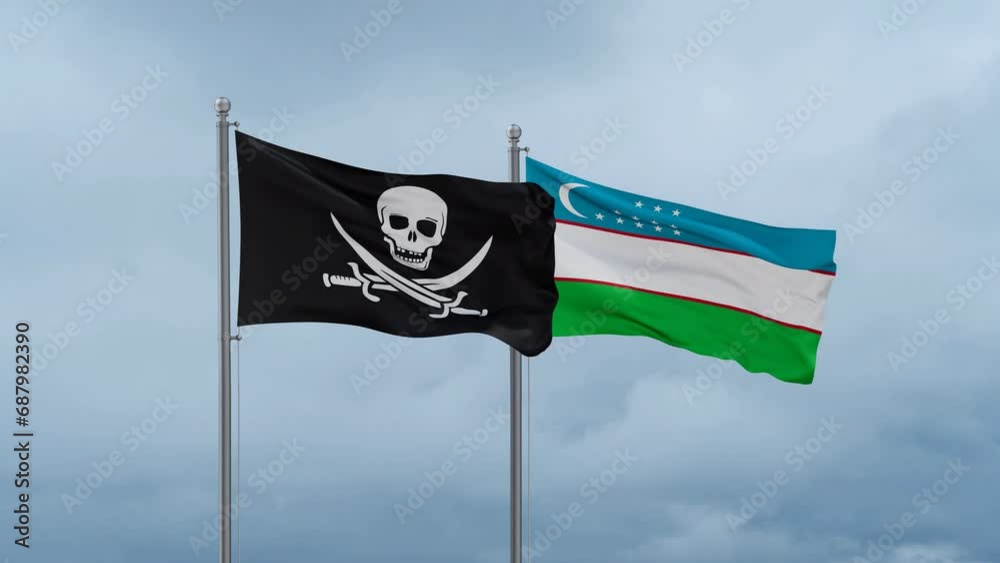 Republic of Uzbekistan and Corsair flag waving together on cloudy sky, endless seamless loop, two country cooperation concept Republic of Uzbekistan and Corsair flag waving together on cloudy sky, endless seamless loop, two country cooperation concept