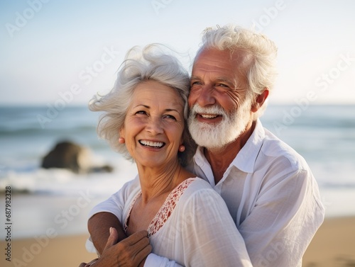 happy seniors couple in beach senior man and woman old retired couple relaxing by the sea on sunny day.