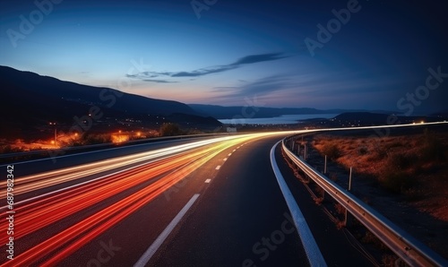 Long Exposure Shot of a Nighttime Highway with Car Lights Streaking Through the Darkness