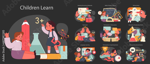 Children learn dark or night mode set. Elementary school classes. Kids engaging in studies, discussions, and creative play. Multidisciplinary academic knowledge gaining. Flat vector illustration