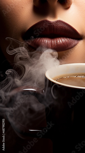 Sensual Woman Enjoying Aromatic Coffee, Close-up