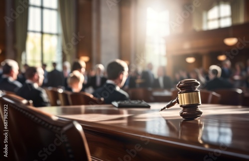 Judge gavel on top of a table in courtroom. Court of Justice and law trial, courtroom attastor talking to magistrate, supreme Federal Court Judge Starts Civil Case Hearing.  photo