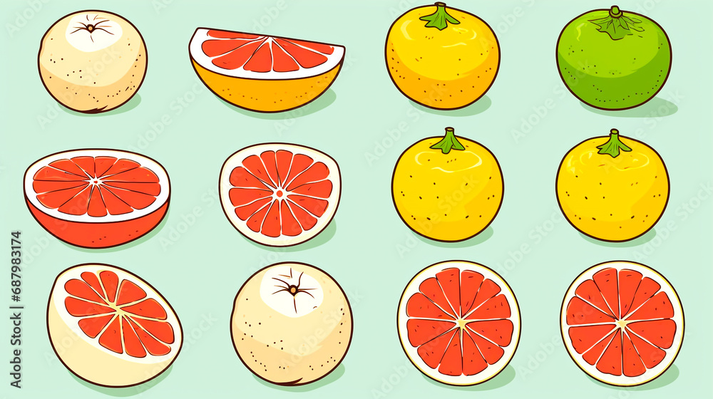 fresh pomelo fruit painting healthy food concept Arrange a beautiful top view with space on a green background.
