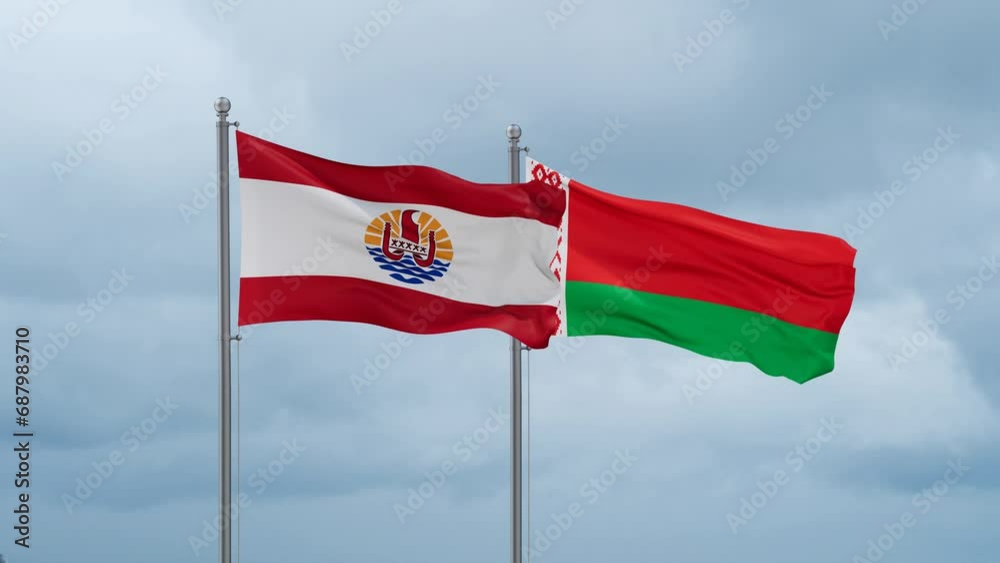 Belarus and French Polynesia flag waving together on cloudy sky, endless seamless loop, two country cooperation concept