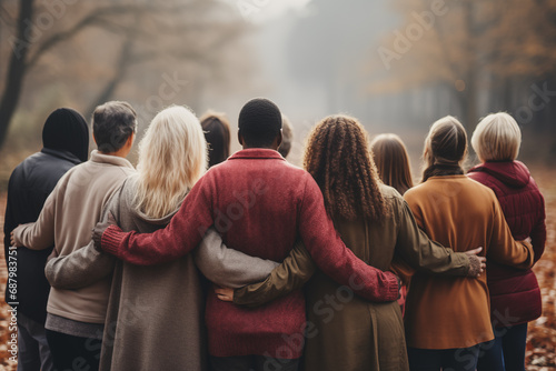 A group of people hug each other photo