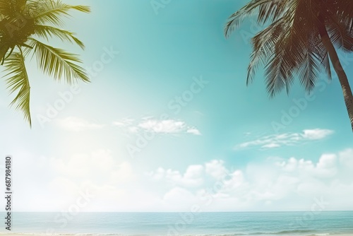Beach with palm trees and ocean in the background with rays of the sun in the sky overhead, © BetterPhoto