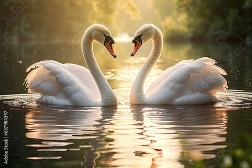 two swans on the sides, head to head in the middle, their necks form a heart, reflection in the water of a brilliant lake, Swan family