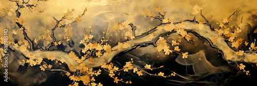 A Painting In The Style Of Japanese Minimalism Depicting A Tree Branch Using Gold Leaf In The Japanese Style. Japanese Traditional Art - Legal Ai