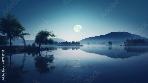 Lake landscape in the evening with Soft moon, dark blue, and light aquamarine color. Romantic and charming landscape lake view