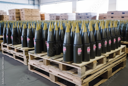 artillery shells on pallets in the warehouse photo