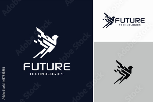 Futuristic Flying Modern Android Bird. Digital Robot Eagle Falcon Hawk Logo Design