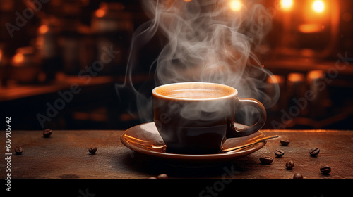 Steaming Coffee Cup on Wooden Table with Warm Backlight