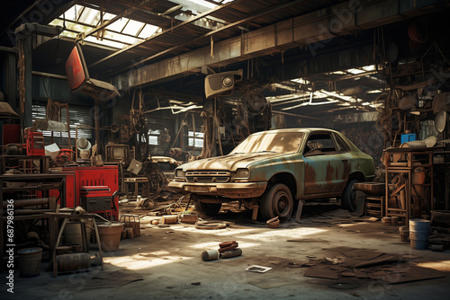 an old abandoned garage with a disassembled car © Alexander