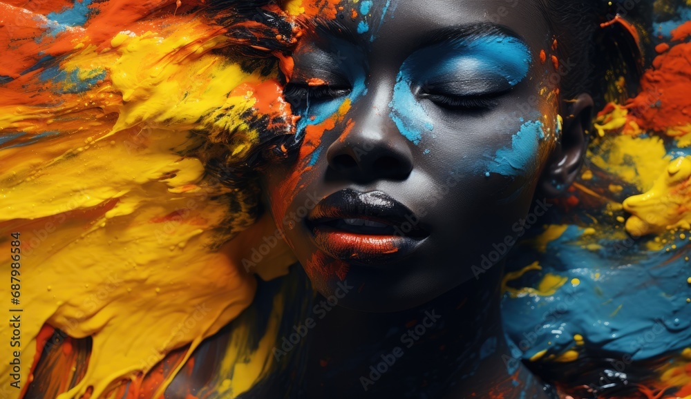 Female model with colorful paint on her face.