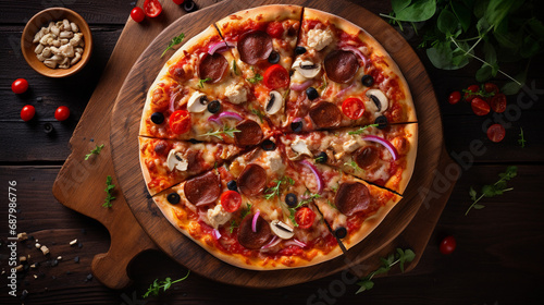 Italian Supreme Pizza with Variety of Toppings on Wooden Board..
