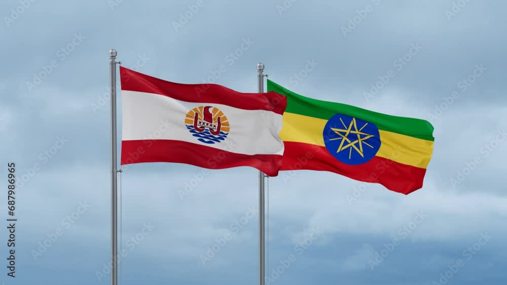 Ethiopia flag and French Polynesia flag waving together on cloudy sky, endless seamless loop, two country relations concept Ethiopia flag and French Polynesia flag waving together on cloudy sky, endless seamless loop, two country relations concept