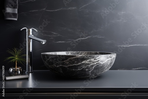 A bathroom sink with a black marble bowl. Scandinavian home interior design of modern living home. photo