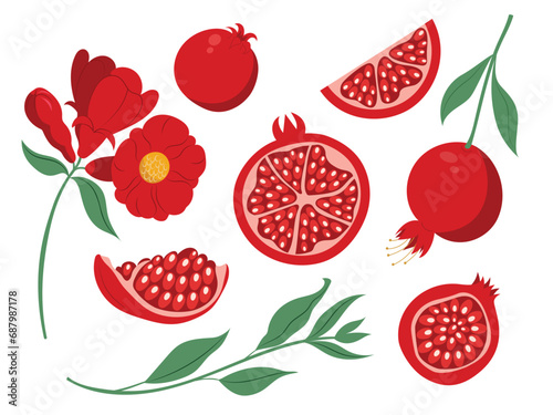 Set with pomegranate fruits, slices, leaves and flower in hand drawn flat design, isolated vector illustrations