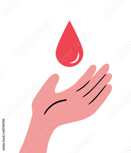 Human hand reaching for a drop of blood, hand drawn isolated vector illustration in simple flat design