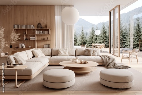 A living room filled with furniture and a large window. Scandinavian home interior design of modern living home.