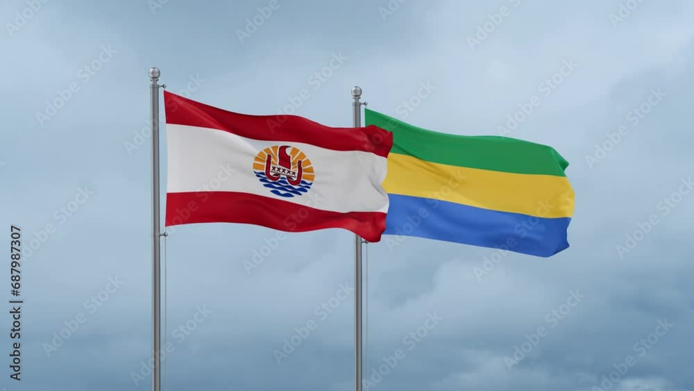 Gabon flag and French Polynesia flag waving together on cloudy sky, endless seamless loop, two country relations concept