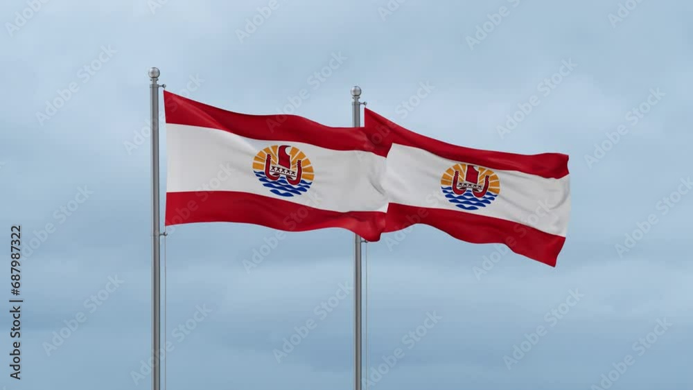 Two French Polynesia flag waving together on cloudy sky, endless seamless loop, two country relations concept Two French Polynesia flag waving together on cloudy sky, endless seamless loop, two country relations concept