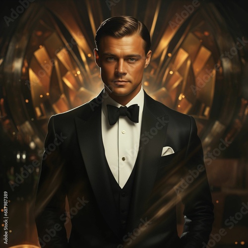 AI generated illustration of a man in a black tuxedo and bow tie, evoking the glamour of the 1920s