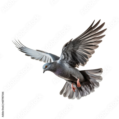 Grey pigeon on flight isolated on white transparent background	
