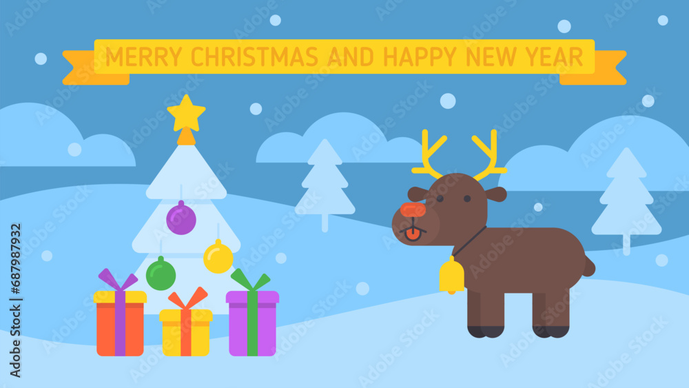 Naklejka premium Merry Christmas composition reindeer stands near Christmas tree