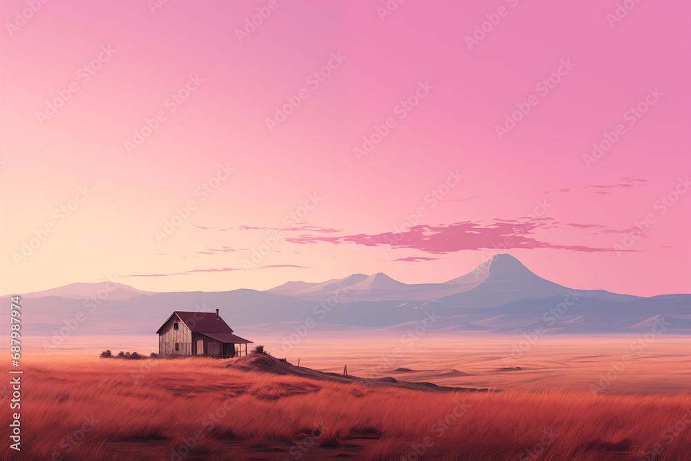 a small house in a field on the outskirts, a landscape with a pink sunset a small house in a field on the outskirts, a landscape with a pink sunset
