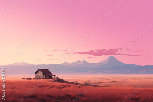 a small house in a field on the outskirts  a landscape with a pink sunset