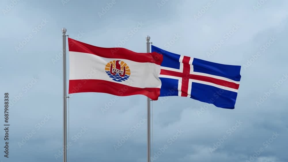 Iceland and French Polynesia flag waving together on cloudy sky, endless seamless loop, two country cooperation concept