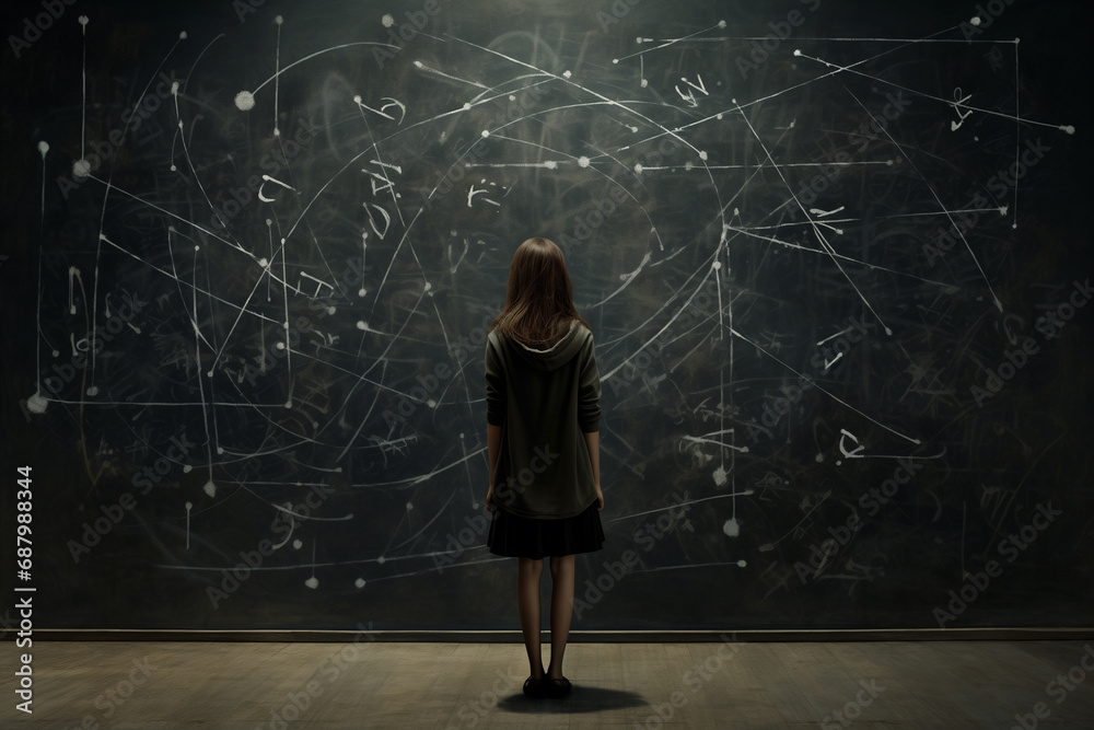 a girl in front of a large blackboard - obrazy, fototapety, plakaty 