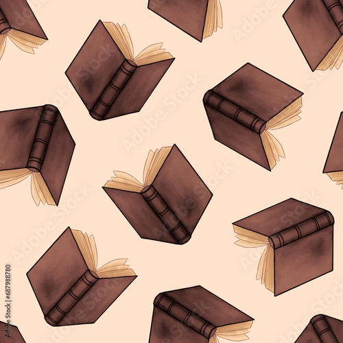 Seamless pattern with books. Cute hand drawn illustration. Background texture for fabric, stationary, design, print.