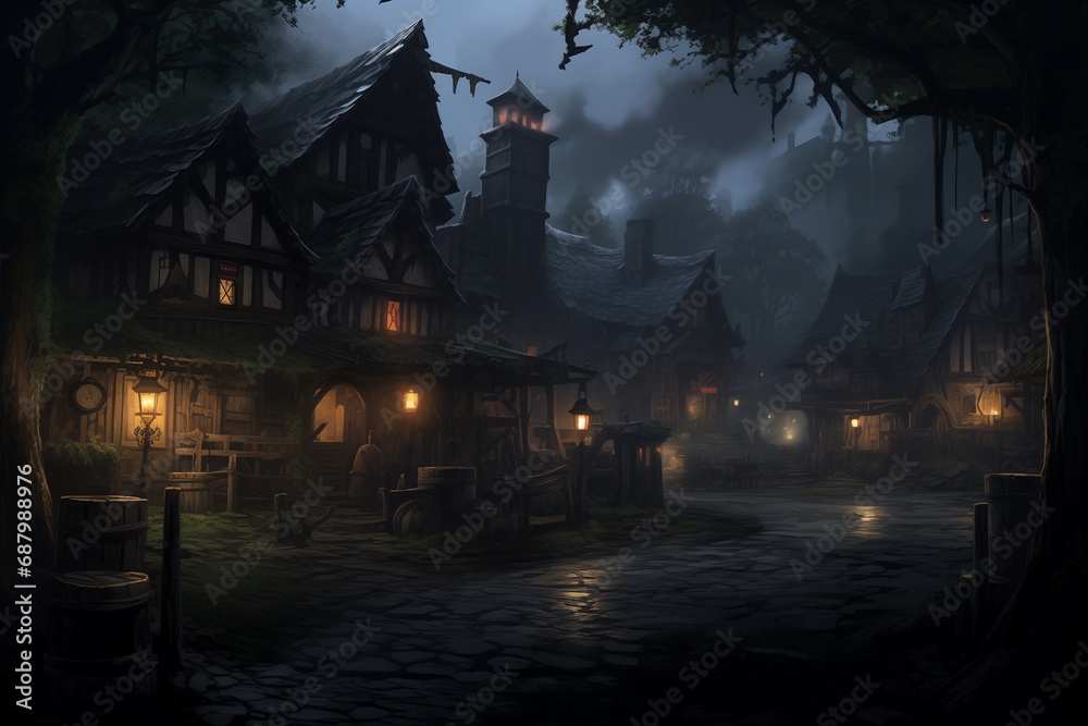 A gloomy medieval village with a tavern on a moonlit night