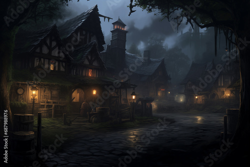 A gloomy medieval village with a tavern on a moonlit night
