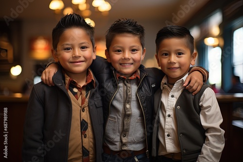 three boys playful happy smile at school, young childhood bestfriend, Generative Ai
