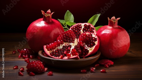 Showcase the exquisite details of a fresh, vibrant pomegranate, its deep red seeds glistening with juiciness.