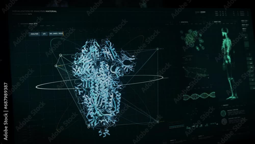 Molecular Protein Structure Bio Material Scan By Modern Medical Software. Innovative Covid-19 Scanning Interface Analyzes Molecular Structure. Infectious Virus Structure Scanned By Digital Interface