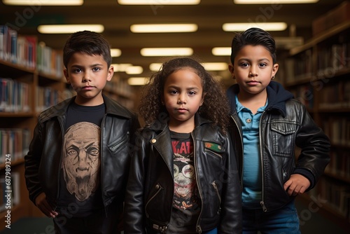 three kids boys and girl standing together with serious look in library, rebel kids gangster look, vintage naughty childhood old memories, Generative Ai
