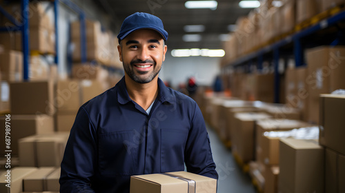 Delivery man in warehouse Delivery man holding parcel box