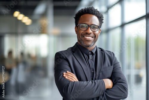 Mid adult African American Black businessman arms crossed smiling looking at camera in modern office wearing eyeglasses photo