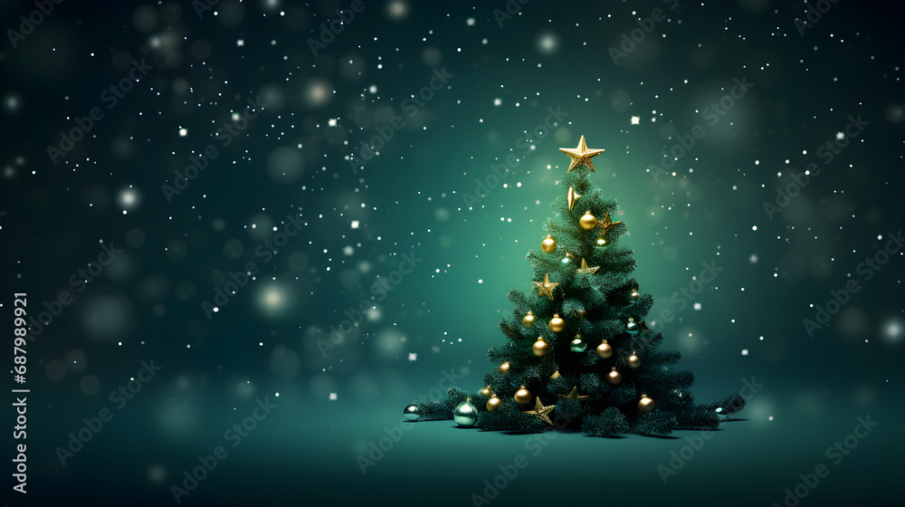 christmas background green themed with golden bokeh and xmas tree