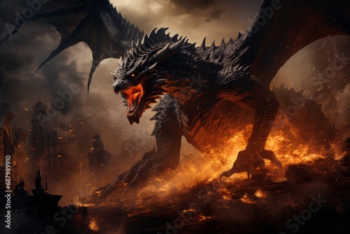 Fierce dragon fiery roar among burning buildings. Dream fantasy concept