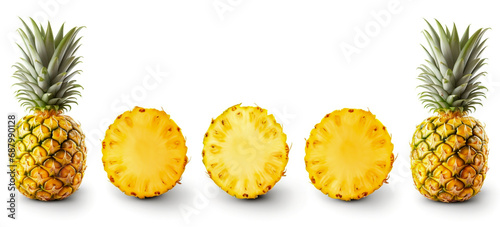 Fresh pineapple fruit, full and cut healthy food concept Arrange a beautiful top view with space on a white background.