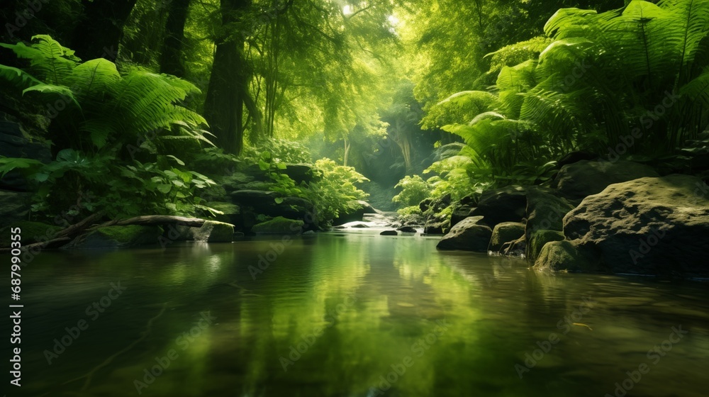 A Serene Stream Running Through a Lush Green Forest A Serene Stream Running Through a Lush Green Forest