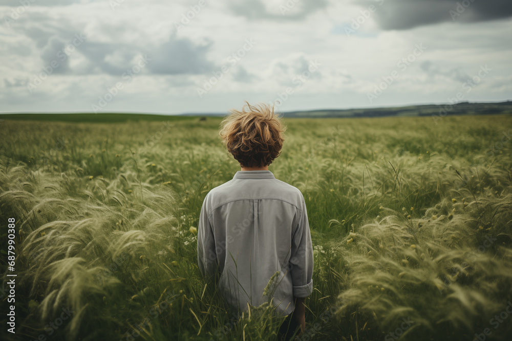 peasant boy on the background of a wheat field